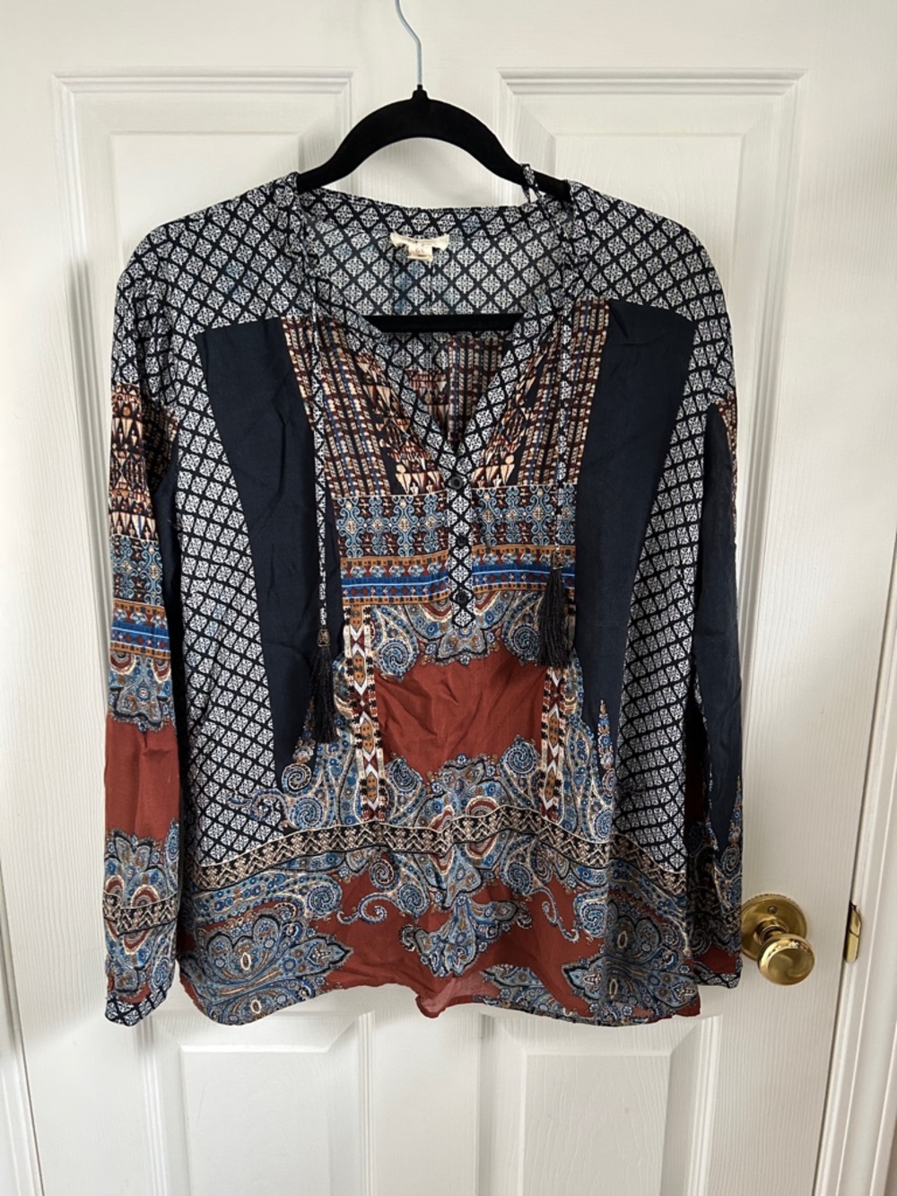Tribal Multicolor Boho V-Neck Tassel Blouse in Rust & Navy